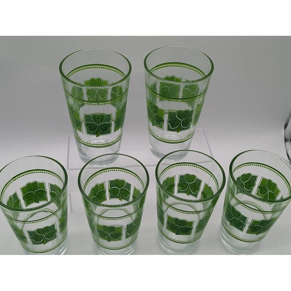 6 Set Vintage Libbey 16oz Shamrock Glasses St Patricks Day Clover Green Tumbler